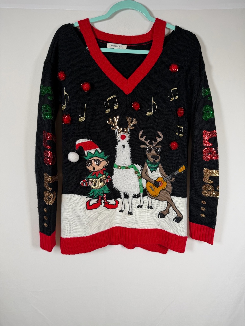 Francesca's Novelty Holiday V‑Neck Ugly Christmas Sweater Elf, Reindeer, Sequin